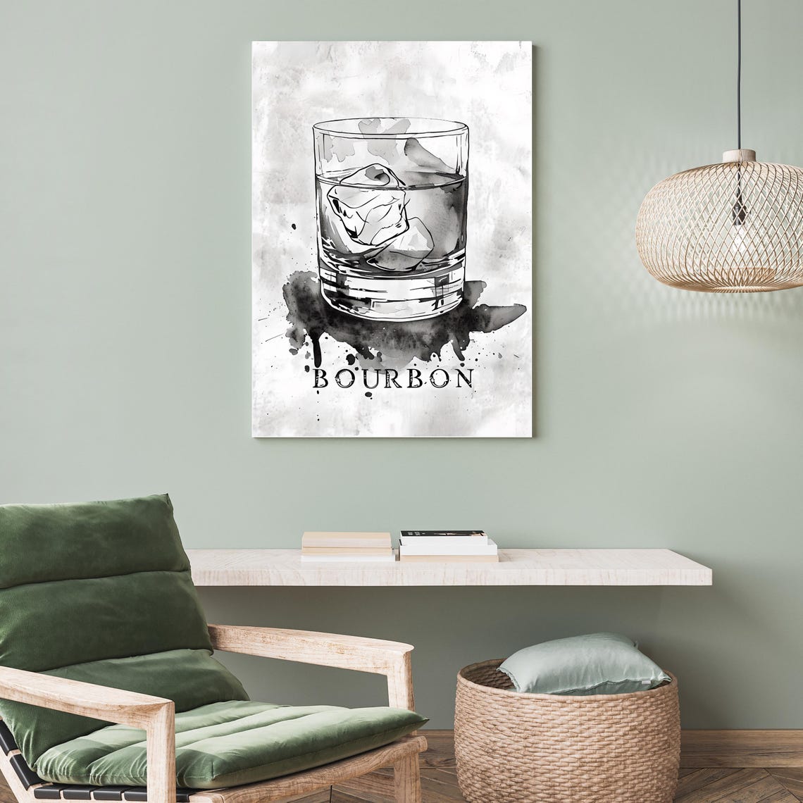 Bourbon Whiskey Glass Black White Watercolor Minimalist Bar Poster