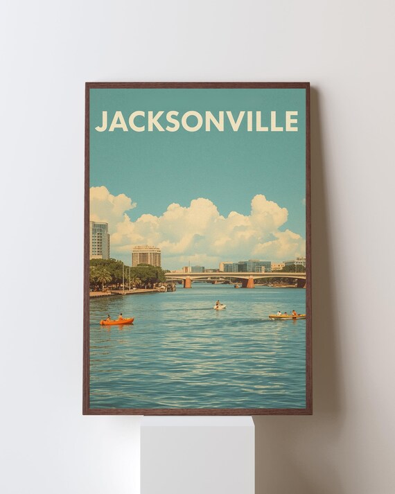Jacksonville Florida River Kayaks Bridge Skyline Retro Poster