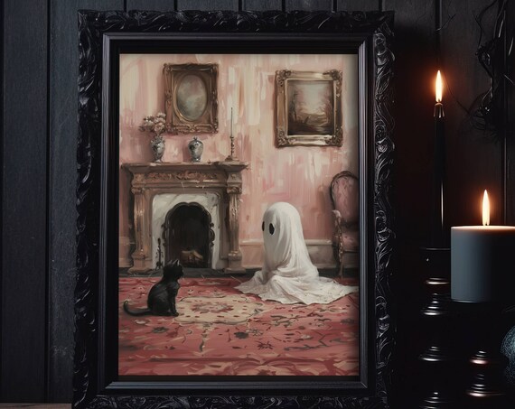 Cute Ghost And Black Cat Meeting In A Victorian Parlor Art Poster