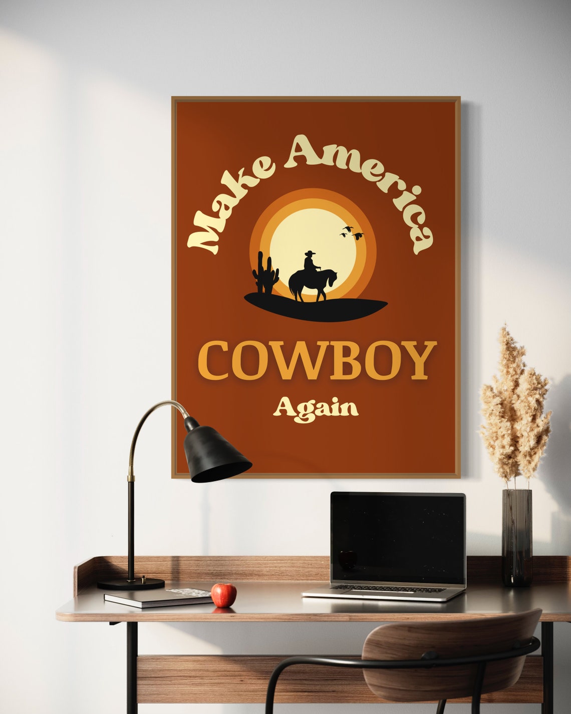 Make America Cowboy Again Western Sunset Horse Retro Art Poster - Image 3