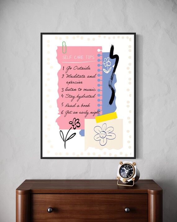 Self Care Tips Checklist Pink Notebook Floral Reminder Art Poster