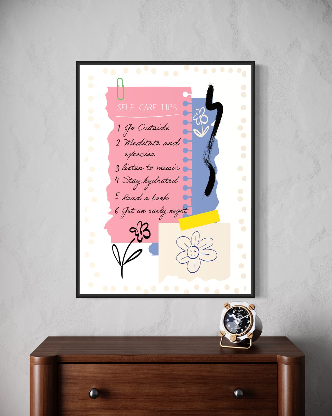 Self Care Tips Checklist Pink Notebook Floral Reminder Art Poster