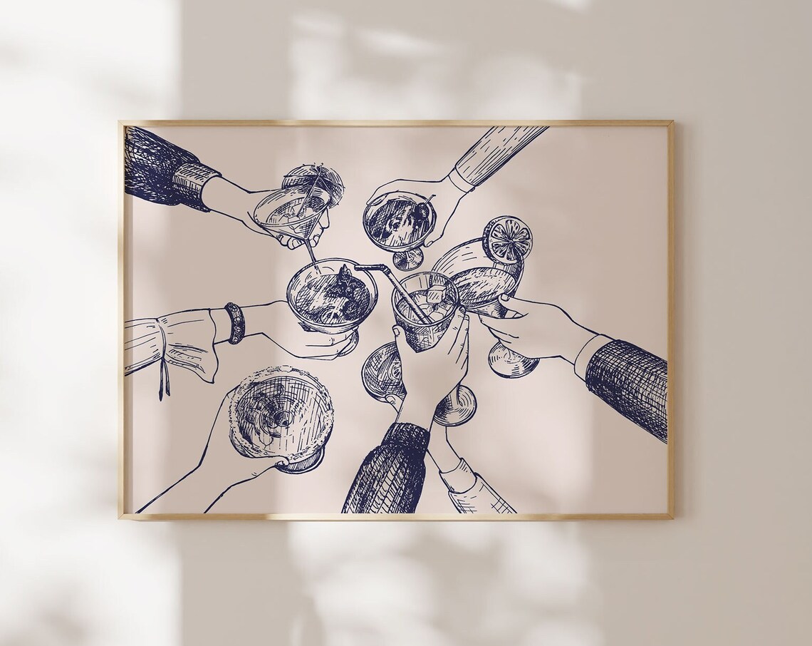 Cheers Cocktail Toast Navy Line Art Happy Hour Kitchen Bar Poster