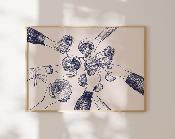 Cheers Cocktail Toast Navy Line Art Happy Hour Kitchen Bar Poster