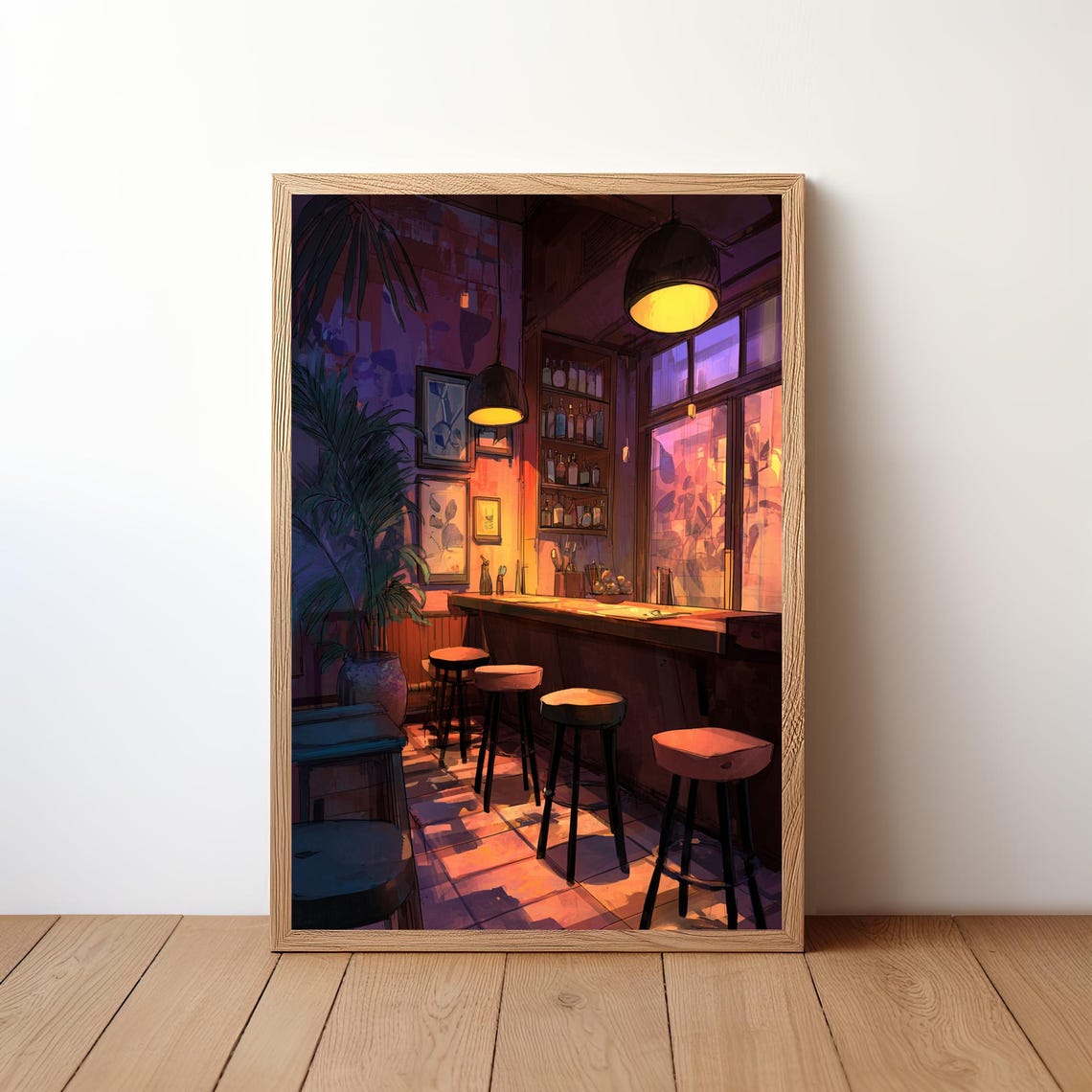 Moody Purple Neon Night Cocktail Bar Evening Illustration Poster