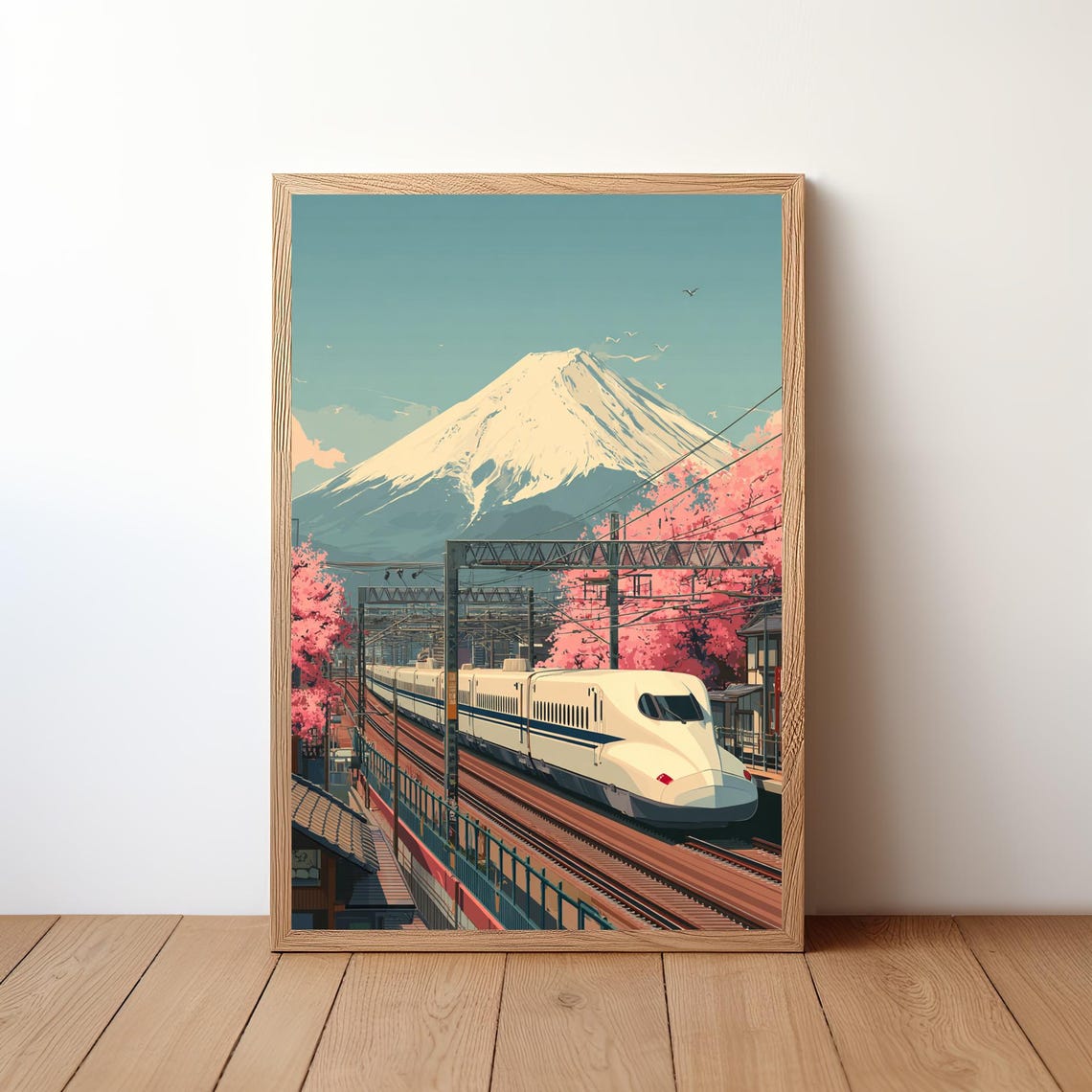 Japanese Shinkansen Bullet Train Mount Fuji Cherry Blossom Art Poster