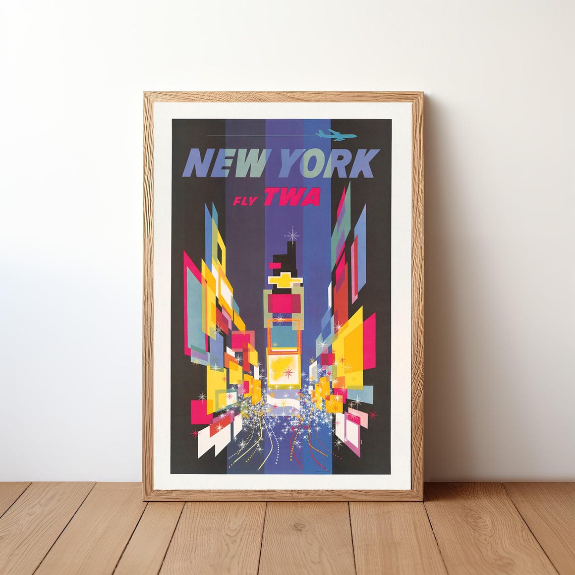 New York Fly TWA Vintage Airline Travel Poster Times Square At Night