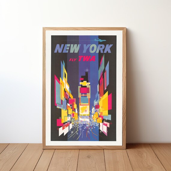 New York Fly TWA Vintage Airline Travel Poster Times Square At Night