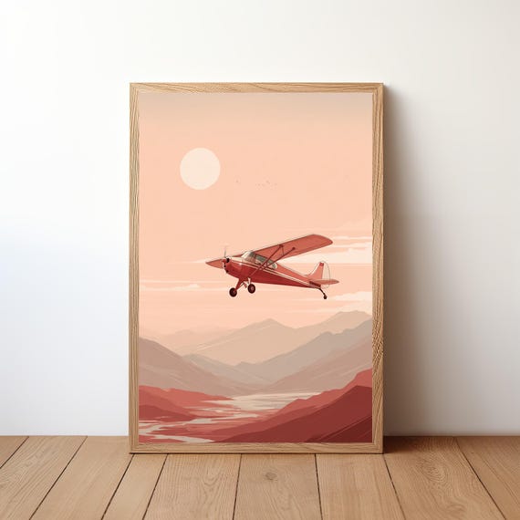 Minimalist Cessna Plane Poster Modern Aviation Wall Art Small Aircraft In Sky Print Simple Pilot Decor Clean Flight Illustration Avi39