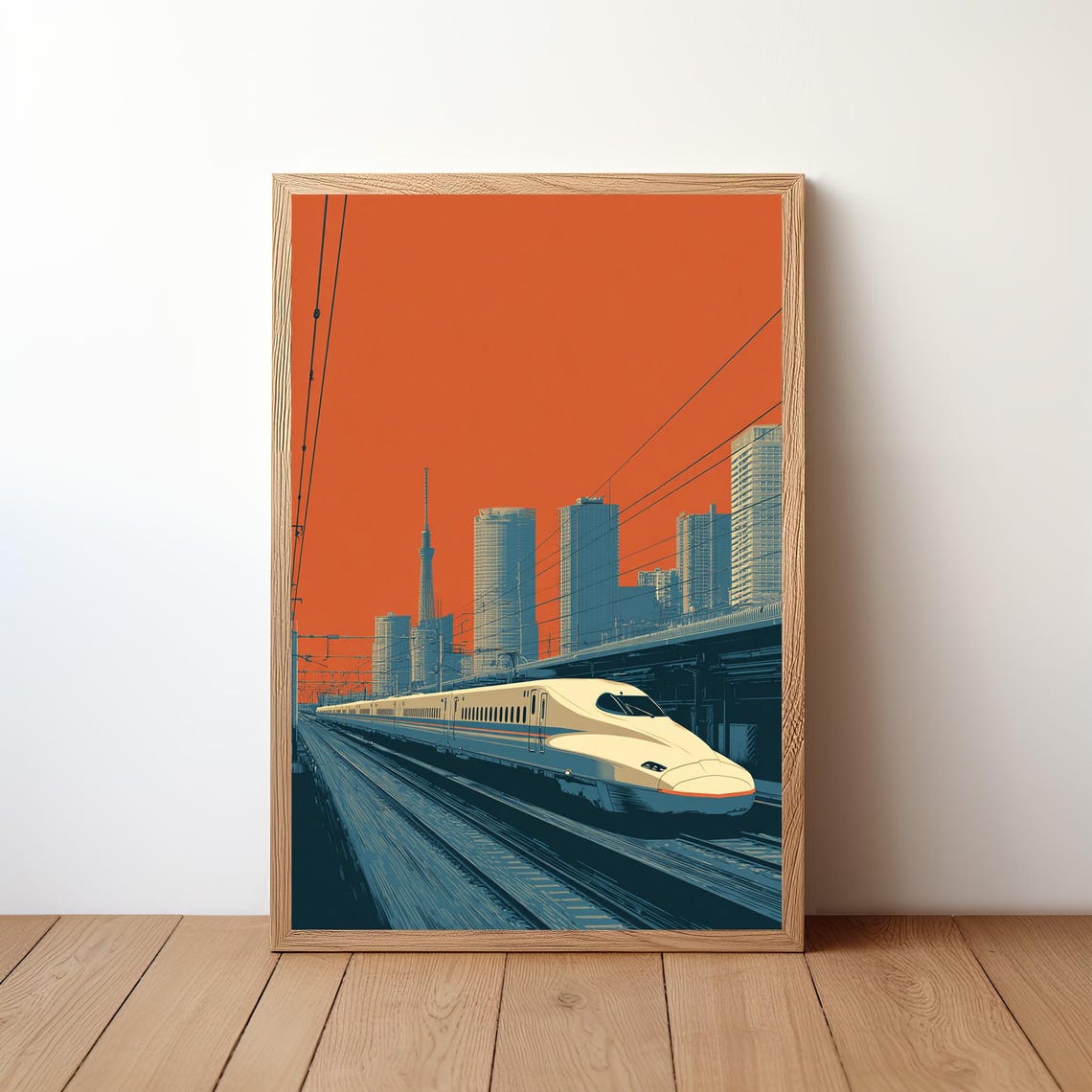 Japanese Bullet Train Bold Orange Sky Pop Art Shinkansen Poster
