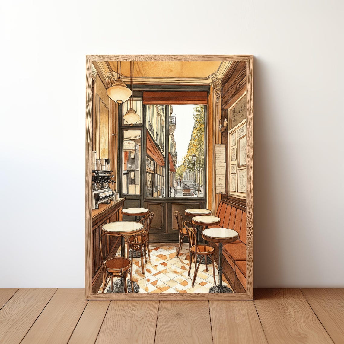 Parisian Bistro Interior Tables Chairs Warm Illustration Poster