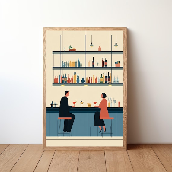 Mid Century Modern Cocktail Bar Couple Date Night Art Poster