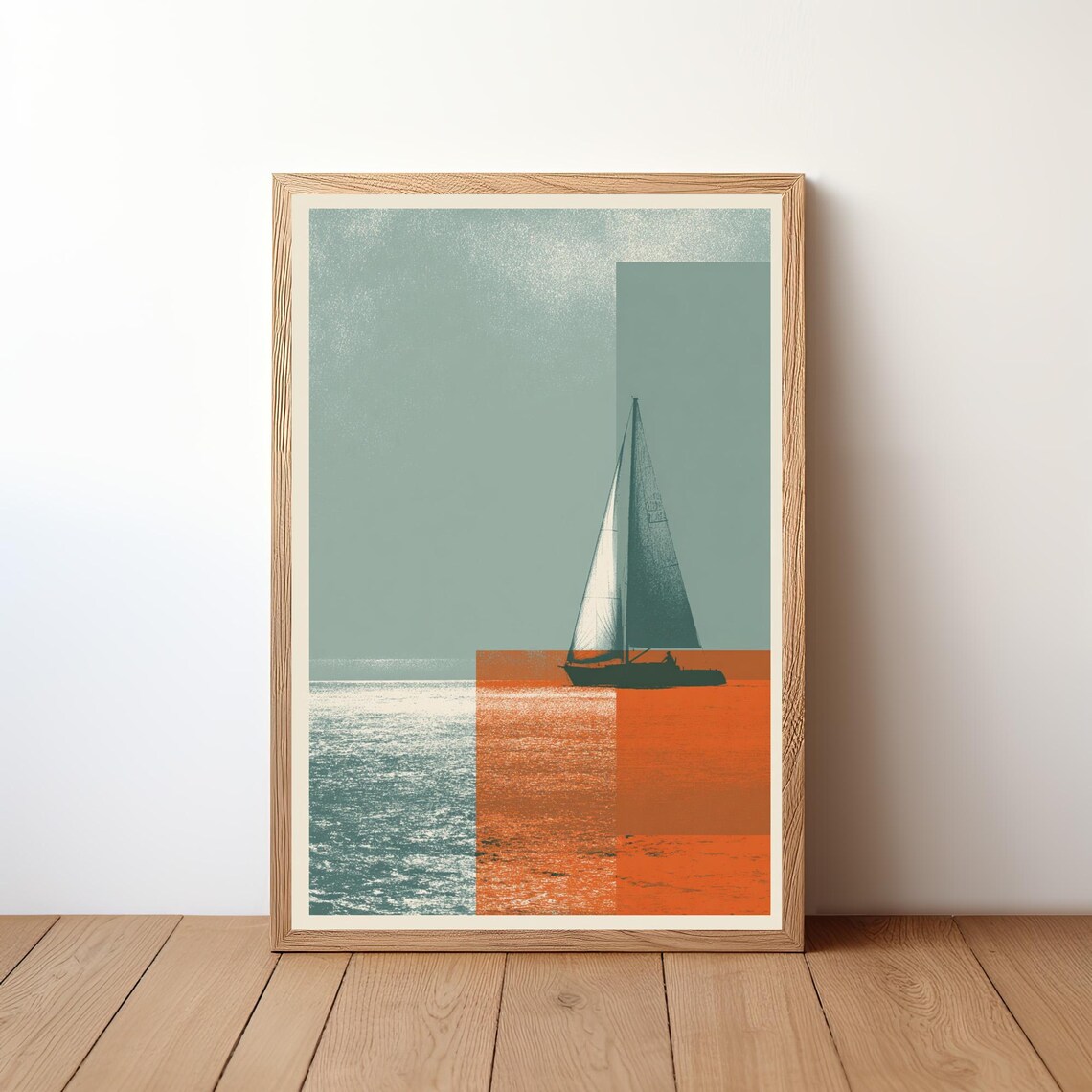 Minimalist Sailboat Teal Sky Orange Sea Retro Nautical Art Poster