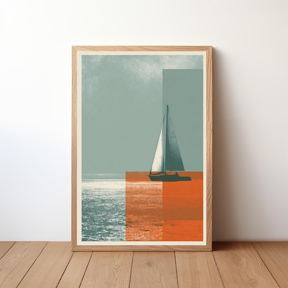 Minimalist Sailboat Teal Sky Orange Sea Retro Nautical Art Poster