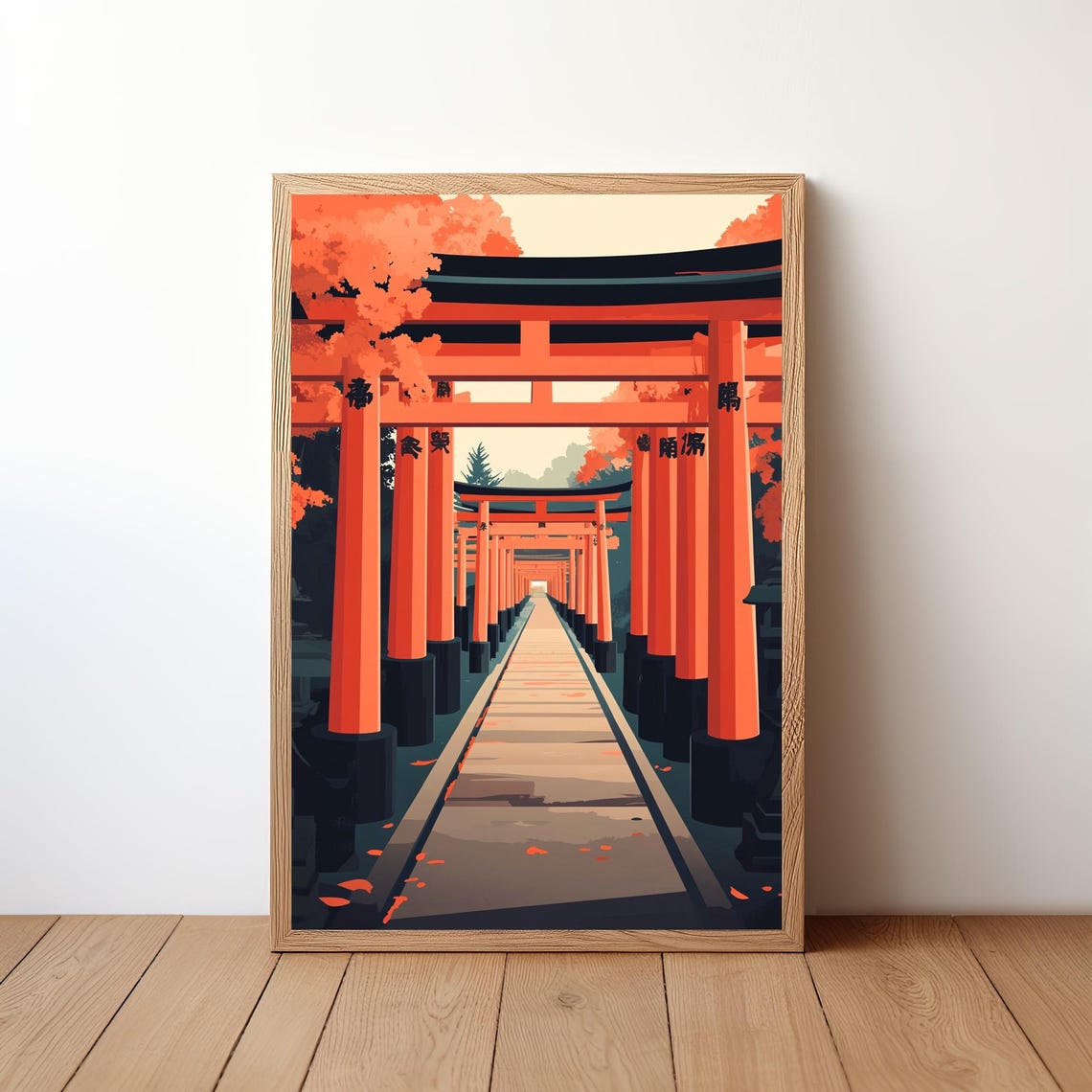 Kyoto Japan Torii Gates Retro Travel Poster Vermilion Shrine Path