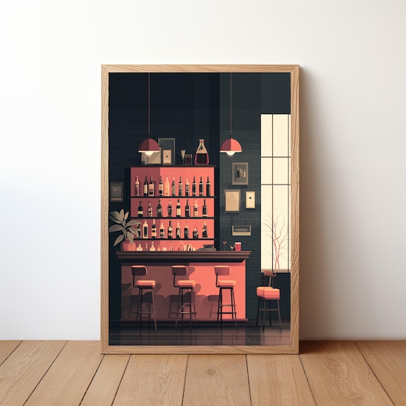 Flat Vector Night Bar Pink Glow Bottle Shelf Modern Art Poster