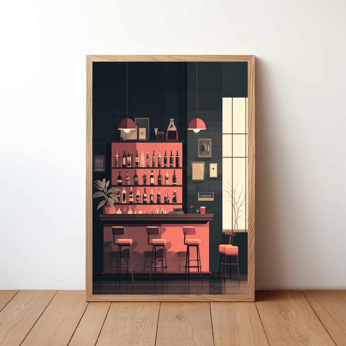 Flat Vector Night Bar Pink Glow Bottle Shelf Modern Art Poster