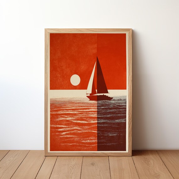 Two Tone Red Sunset Sailboat Retro Screenprint Style Nautical Poster