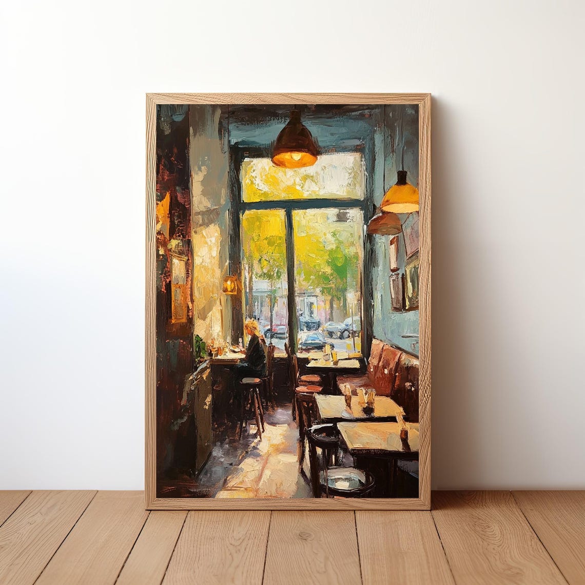 Warm Bistro Interior Pendant Lamps Oil Painting Cafe Scene Poster