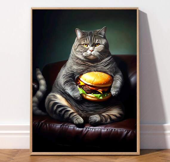 Chubby Gray Tabby Cat Holding a Giant Cheeseburger Kitchen Poster