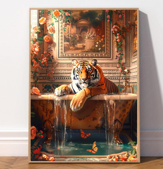 Tiger In Bathtub Wall Art Print Exotic Animal Wildlife Floral For Zen Poster Nature Home Decor Luxury