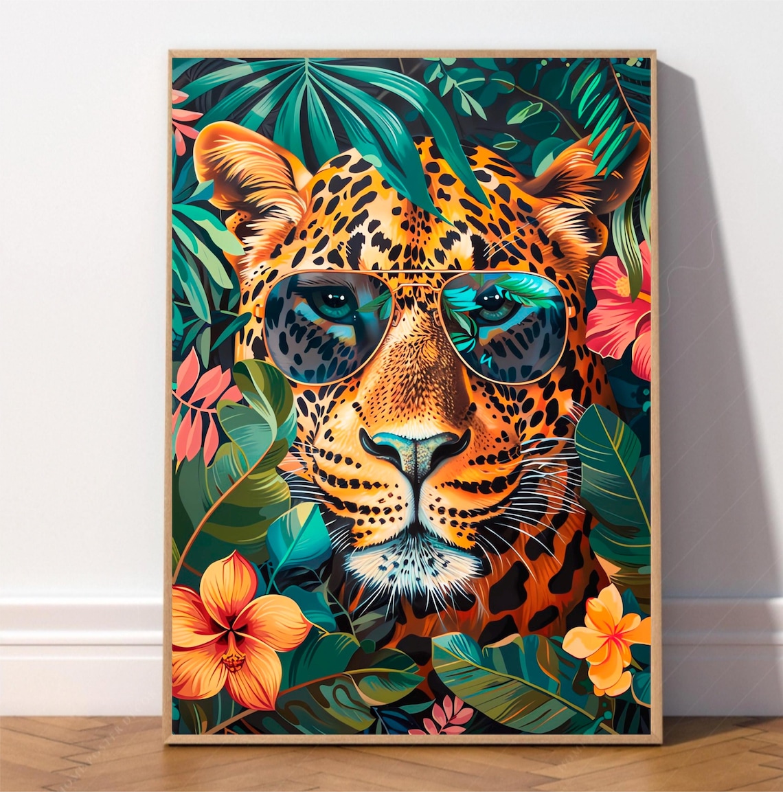 Leopard Sunglasses Tropical Leaves Jungle Floral Maximalist Poster