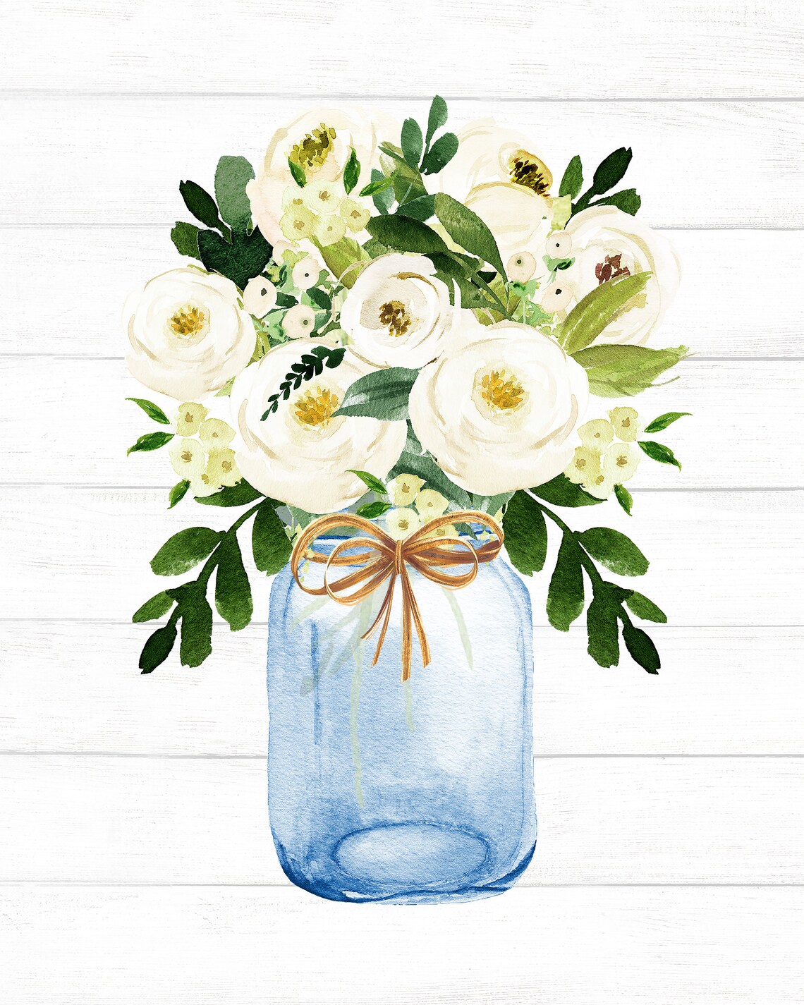 White Floral Bouquet in Navy Mason Jar Watercolor Art Poster - Image 2