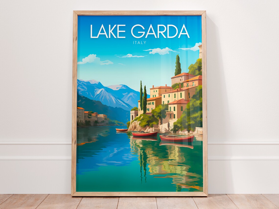 Lake Garda Italy Lakeside Village Colorful Boats Travel Poster