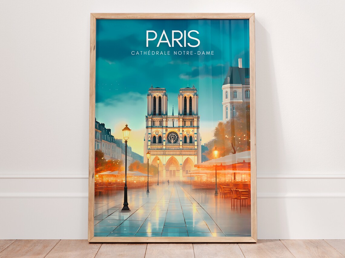 Paris France Notre Dame Cathedral Night Vintage Travel Poster