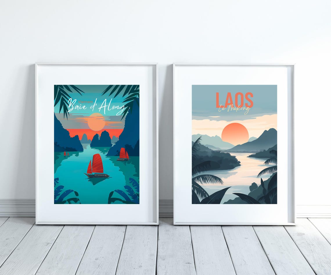 Laos Mekong River Sunset Mountains Palm Silhouette Travel Poster - Image 3