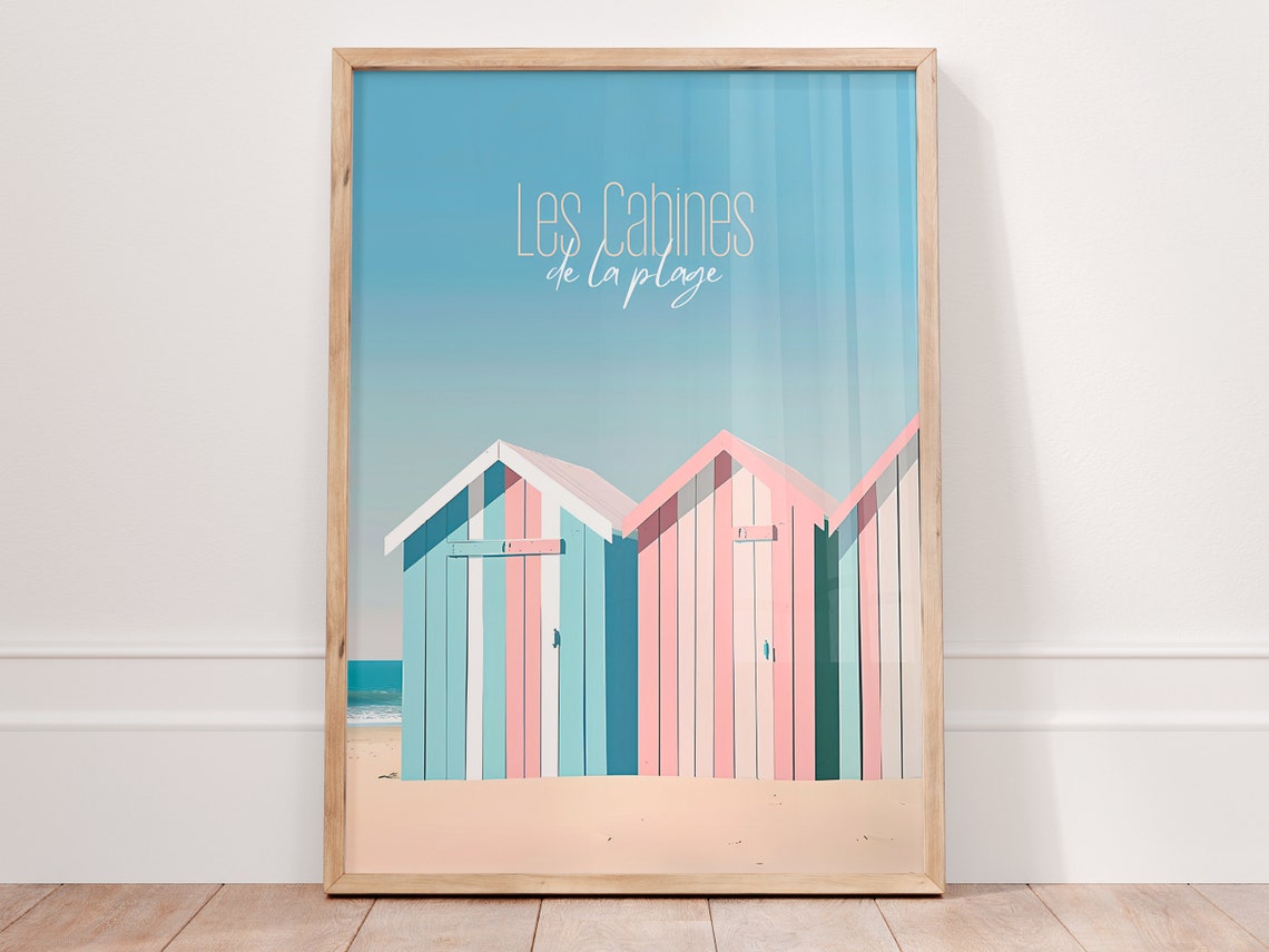 Les Cabines de la Plage Pastel Beach Huts French Seaside Poster