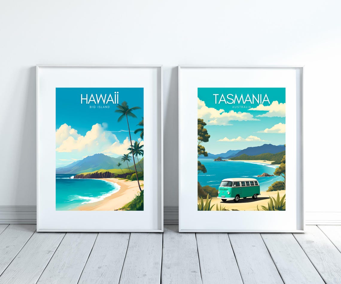 Hawaii Big Island Poster with Palm Trees Beach and Green Mountains - Image 3