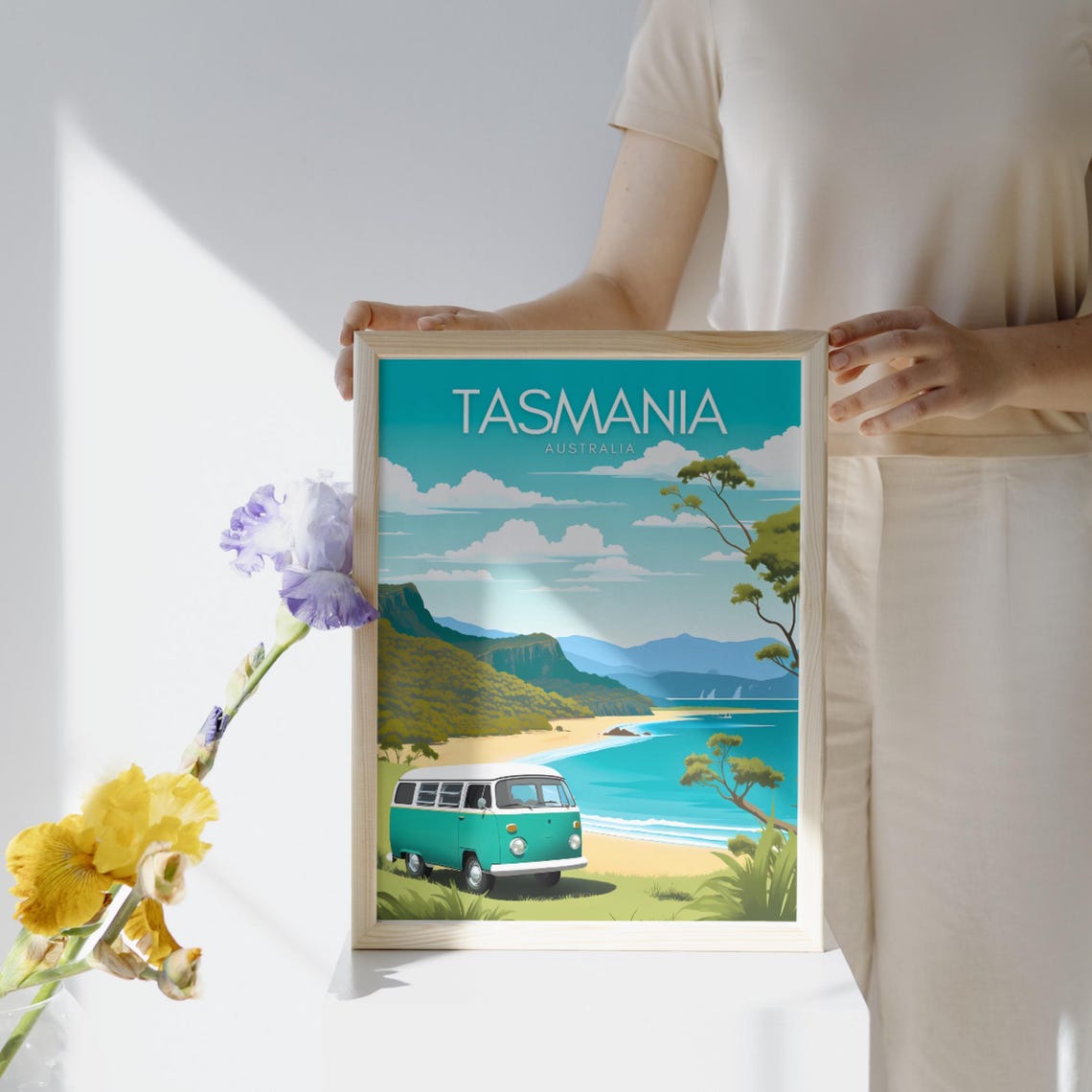 Tasmania Australia Vintage Camper Van Coastal Beach Travel Poster - Image 2