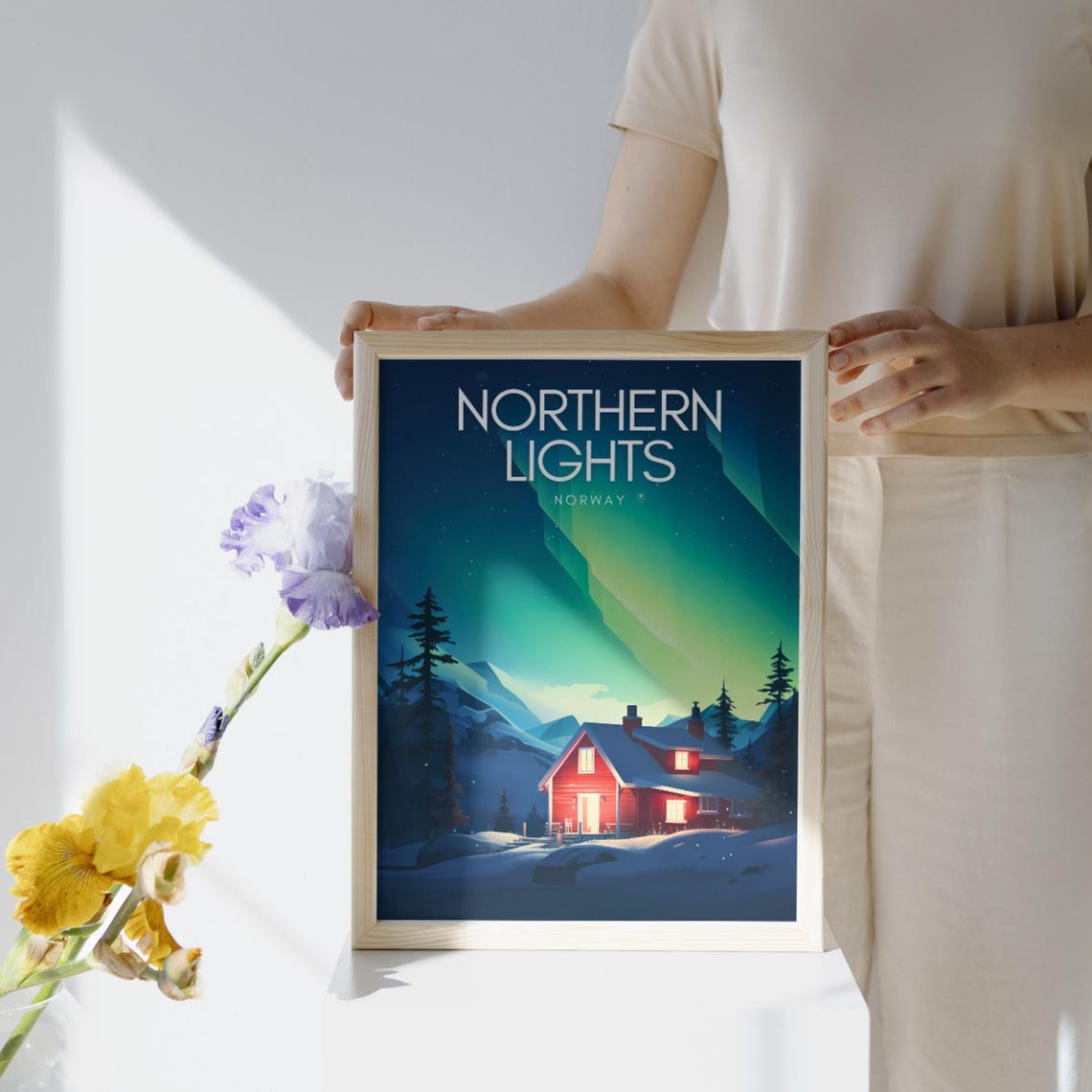 Northern Lights Norway Aurora Borealis Cabin Night Sky Poster - Image 2