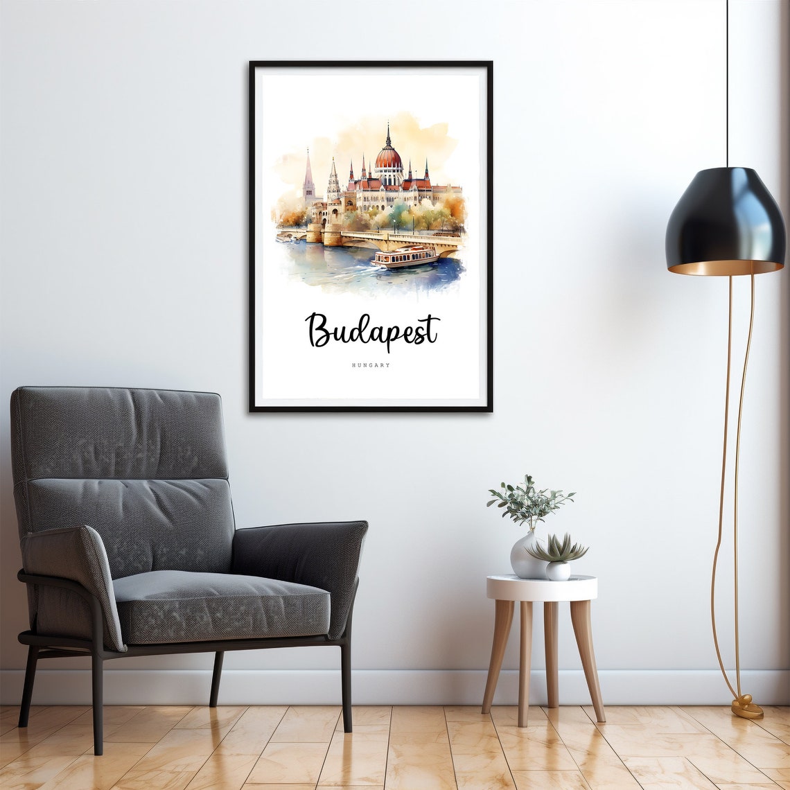 Budapest Hungary Parliament Watercolor Travel Poster Danube View - Image 4