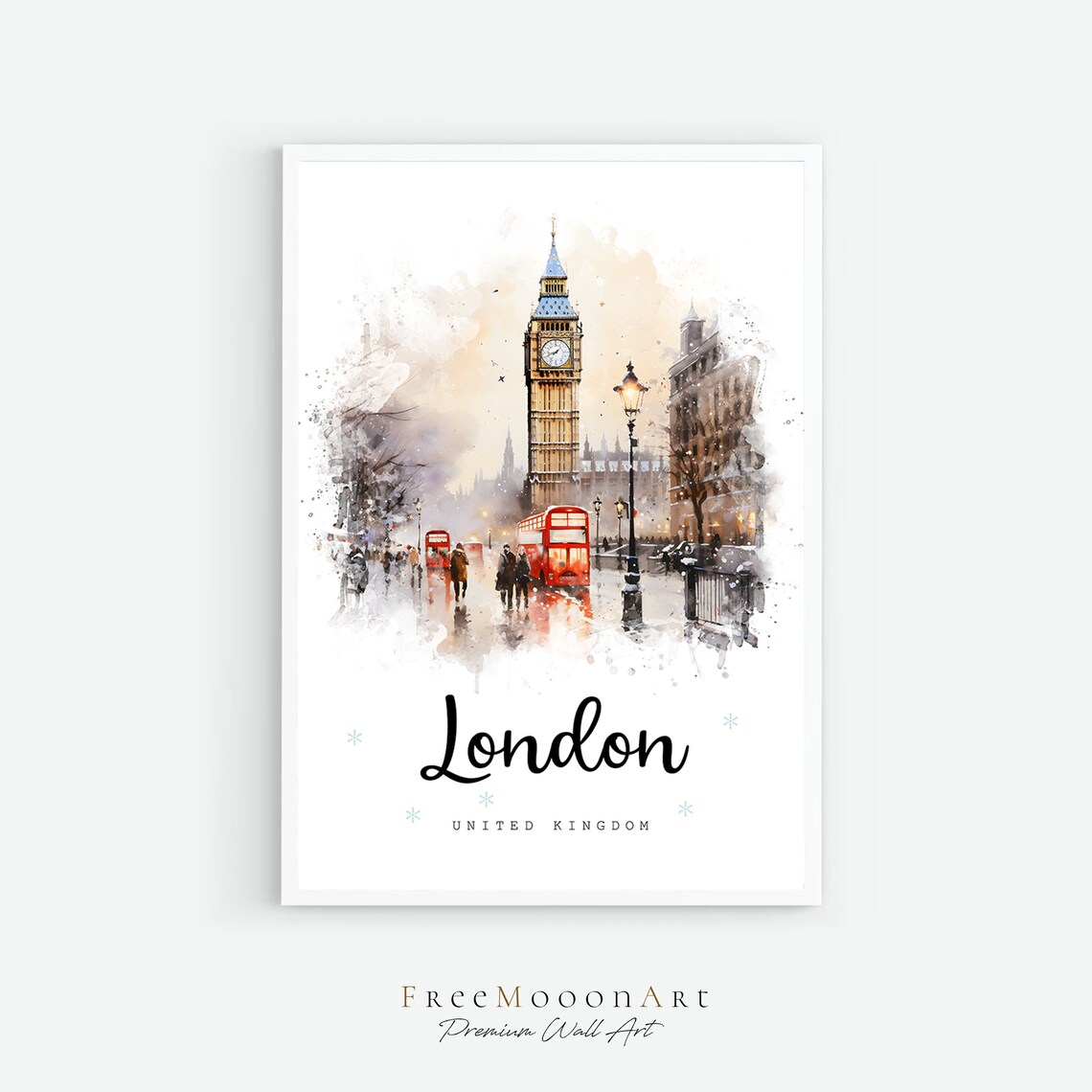 London Big Ben Red Bus Winter Watercolor City Street Travel Poster