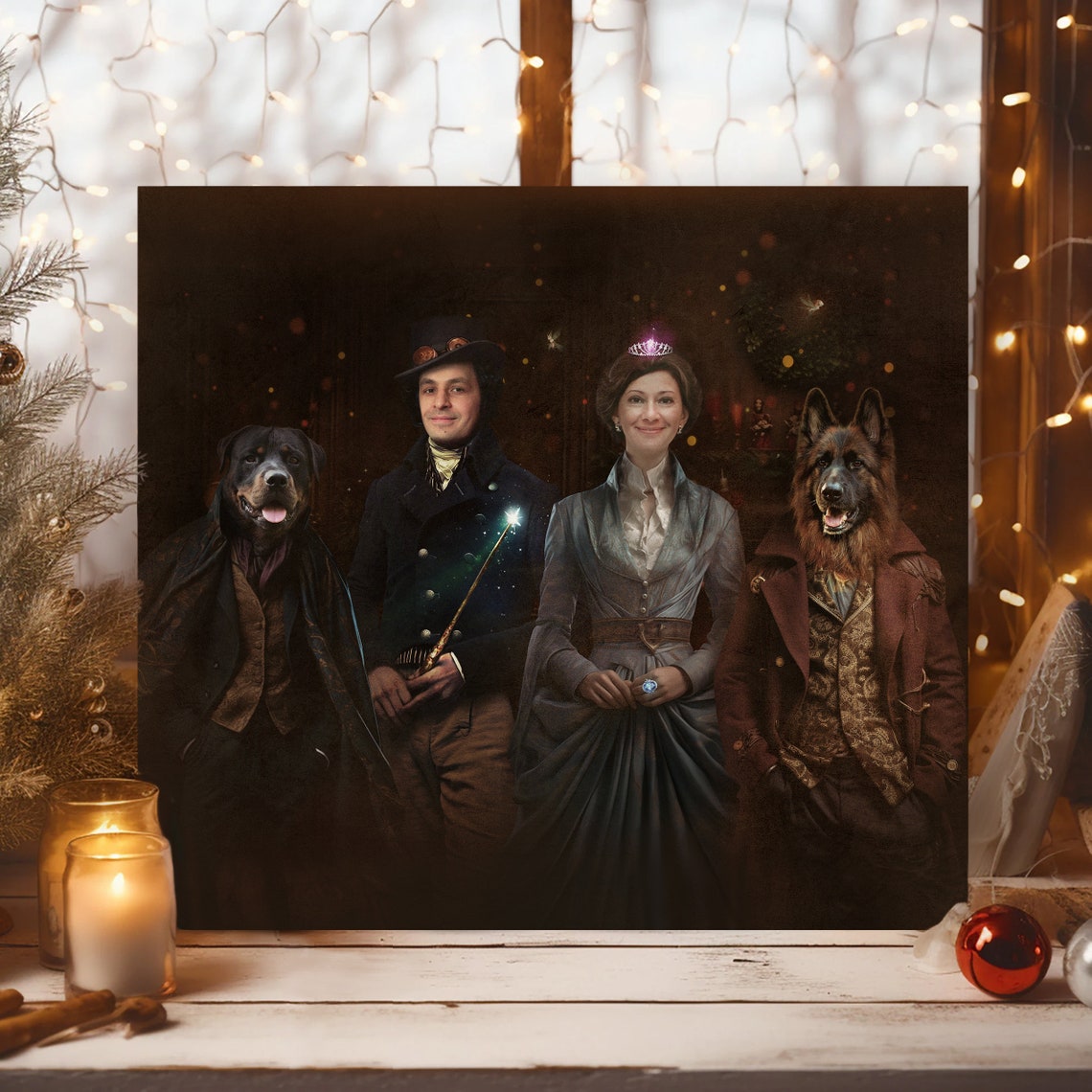 Wizard Family With Pet Dogs Magical Christmas Custom Portrait Poster