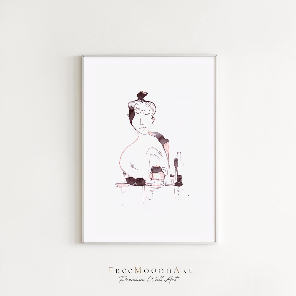 Minimalist Ink Sketch of Woman Drinking Coffee at Table Poster