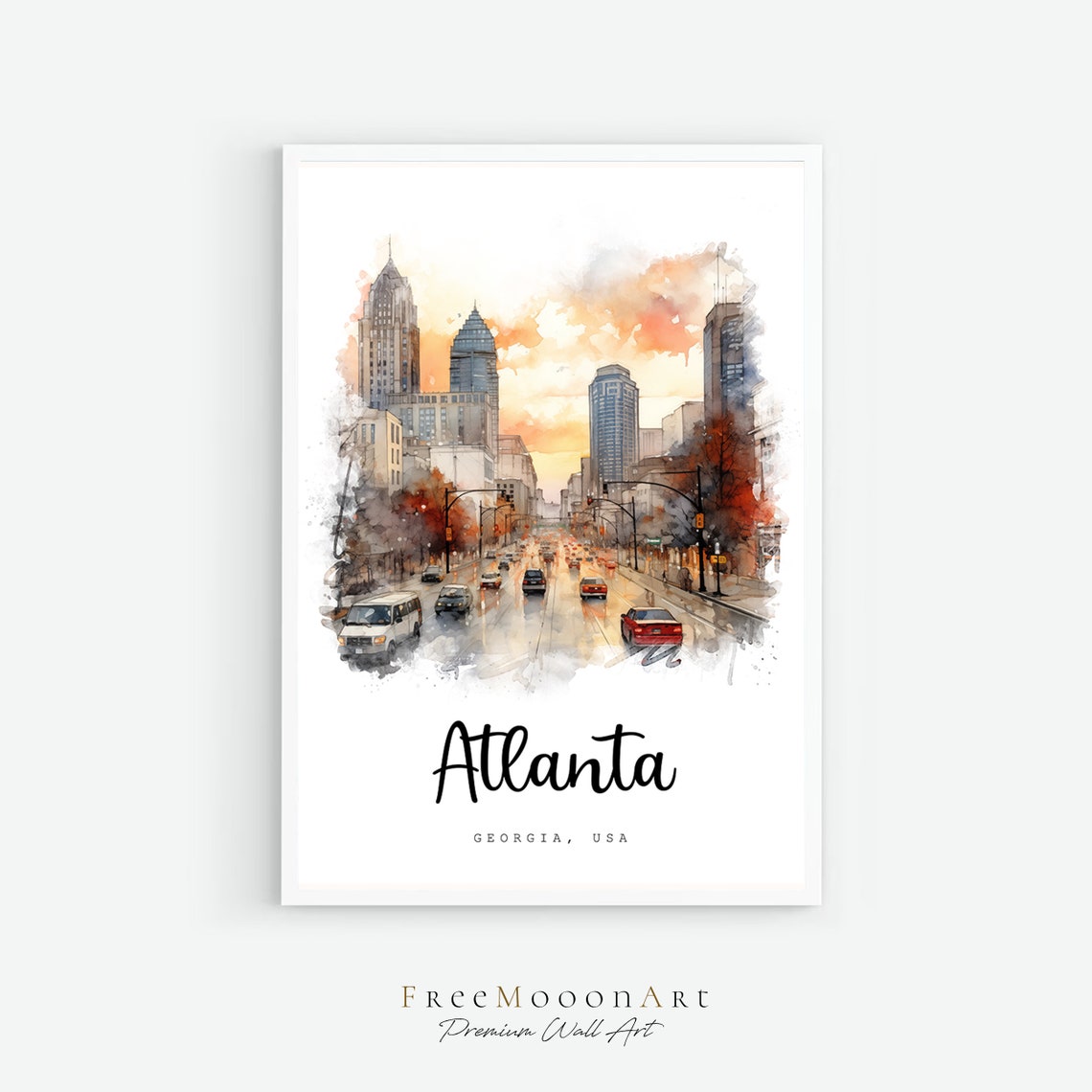 Atlanta Georgia Downtown Skyline Sunset Watercolor Travel Poster
