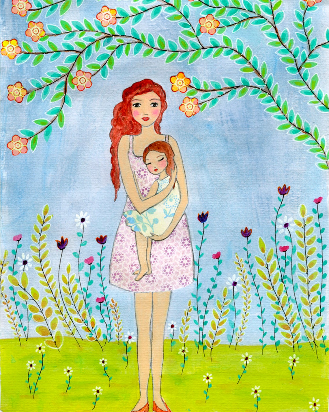 Red Haired Mother Hugging Daughter Under Blossom Tree Art Poster