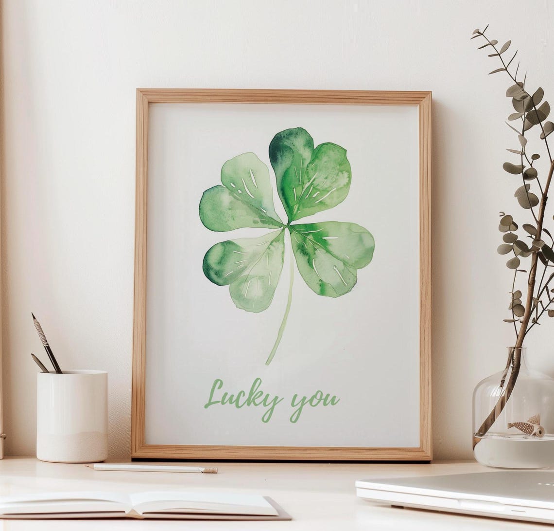 Watercolor Four Leaf Clover With Lucky You Botanical Art Poster