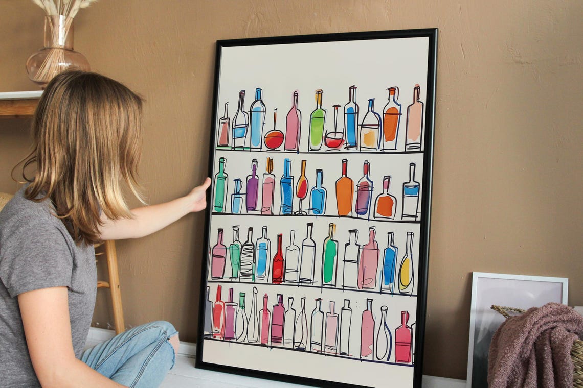 Colorful Bottles on Bar Shelves Minimalist Line Art Home Bar Poster
