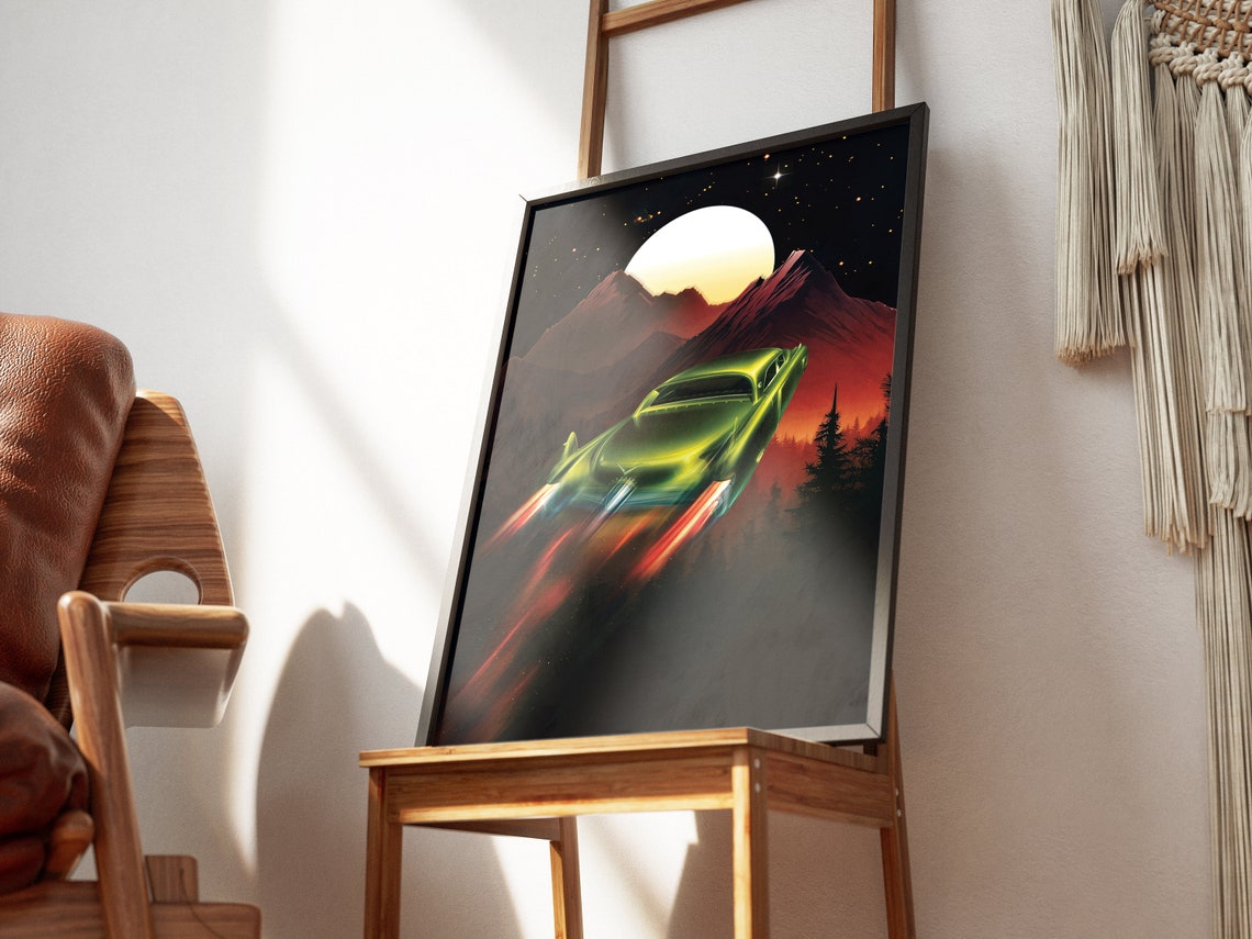 Skybound Flying Classic Car Night Mountains Glowing Moon Poster - Image 3