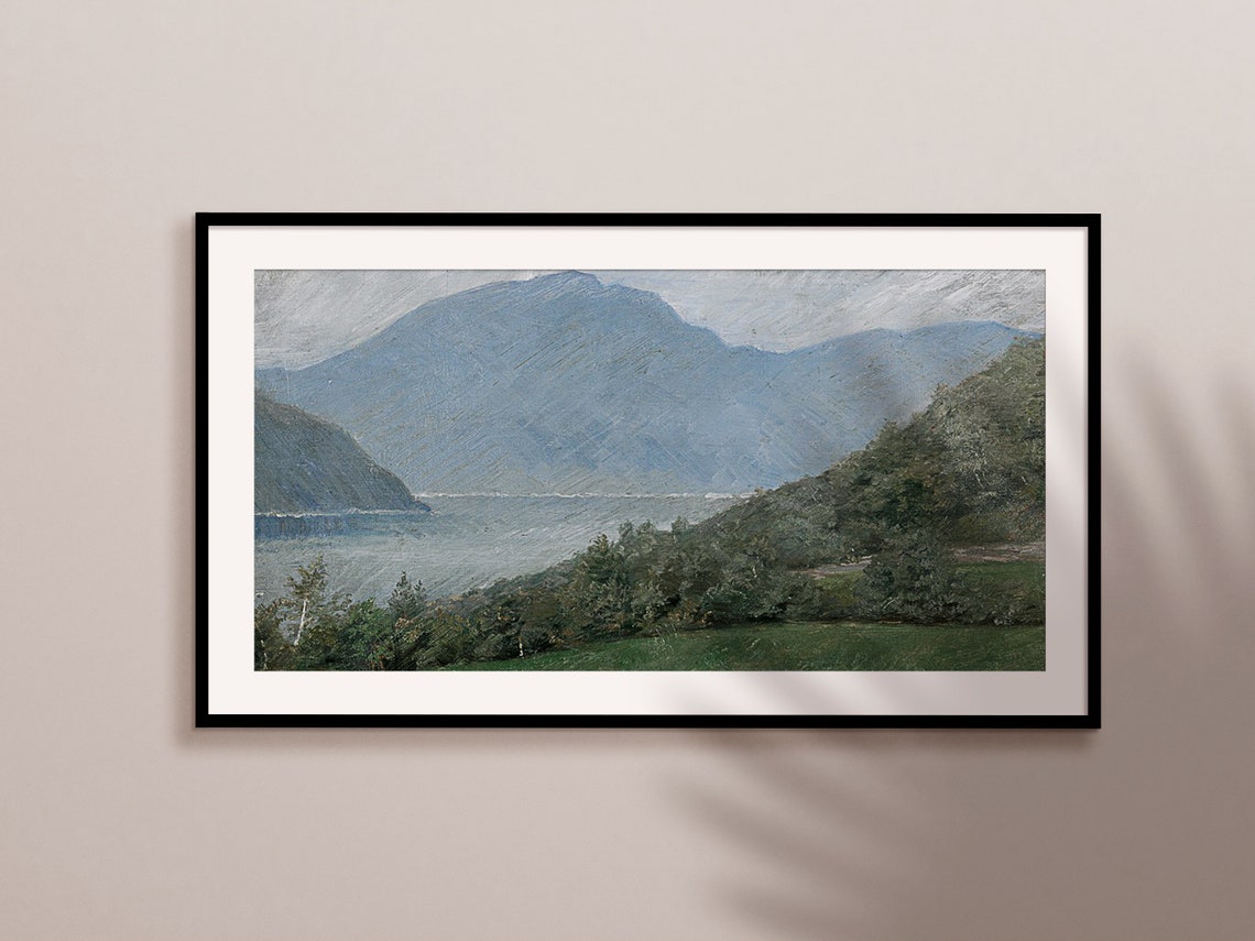 Misty Blue Mountain Lake Vintage Oil Painting Landscape Wall Art - Image 2
