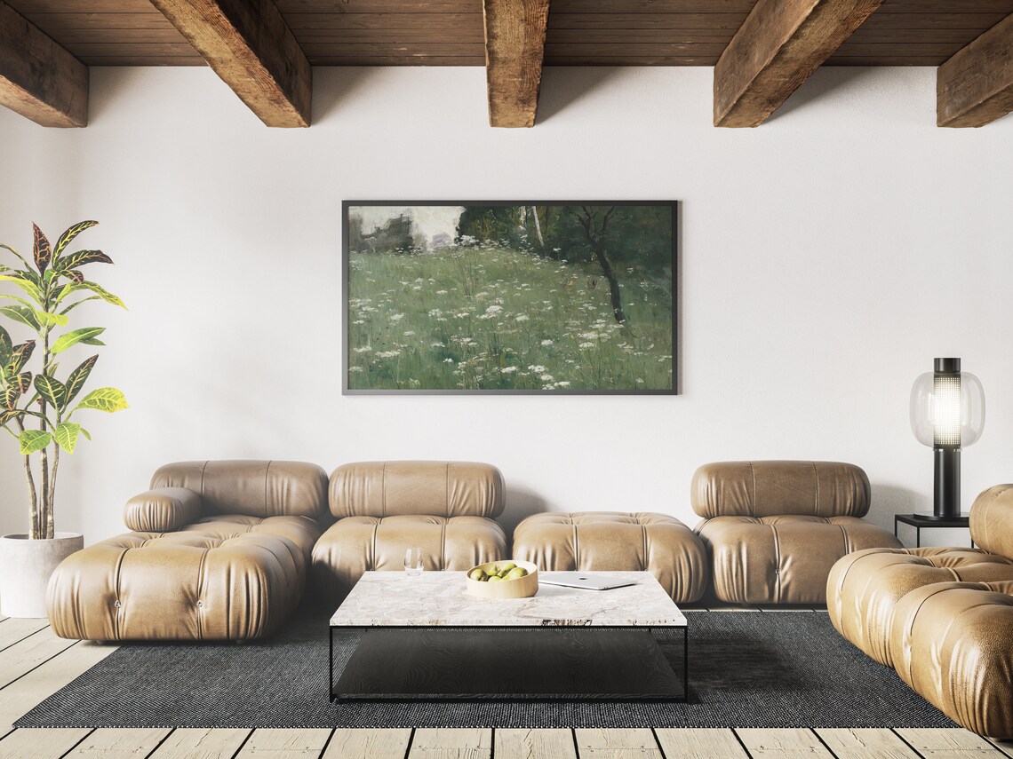 Green Meadow of White Wildflowers Vintage Country Landscape Art Print - Image 3