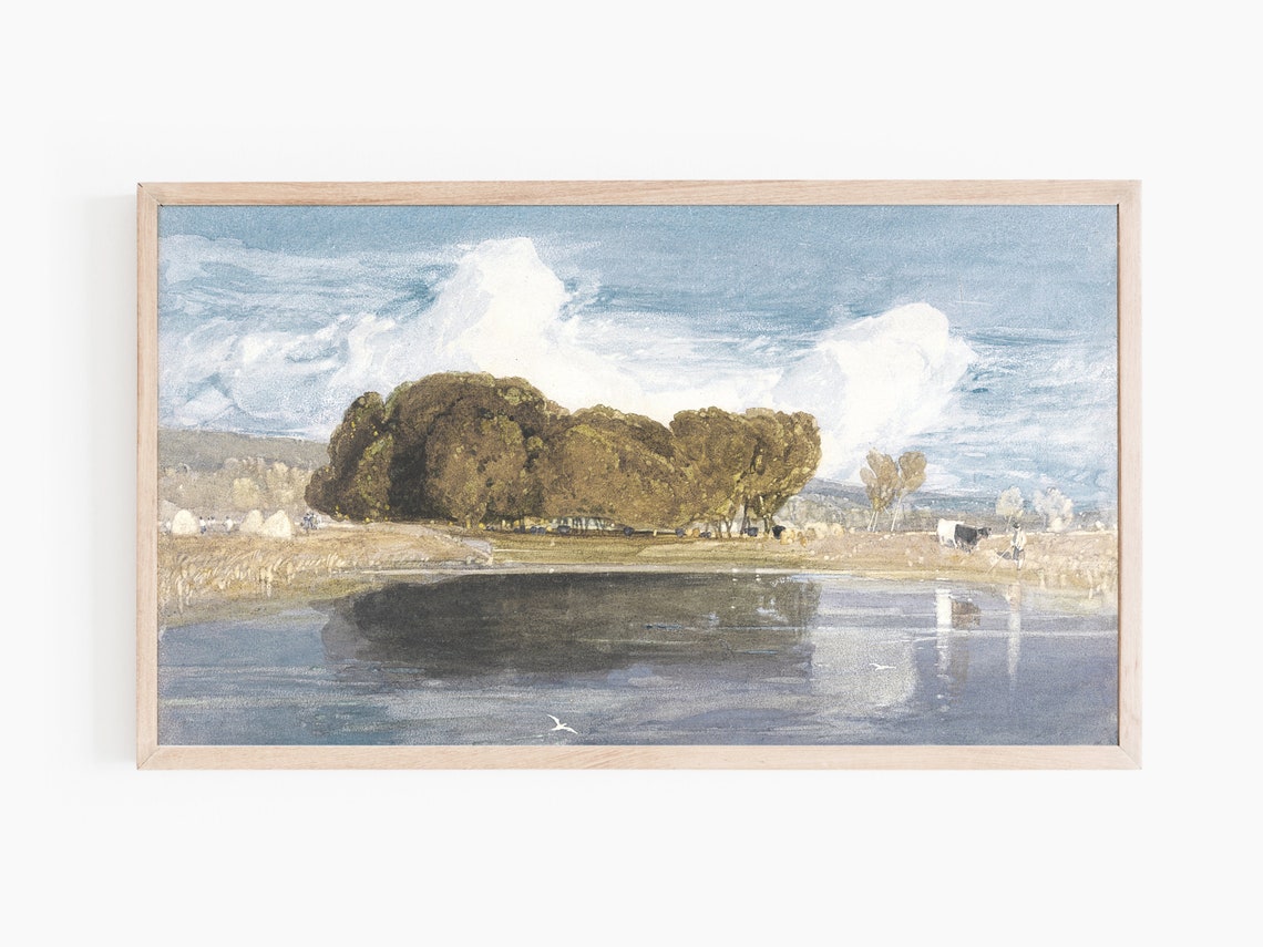 Summer Pond and Oak Trees in Blue Sky Vintage Countryside Art Print - Image 2
