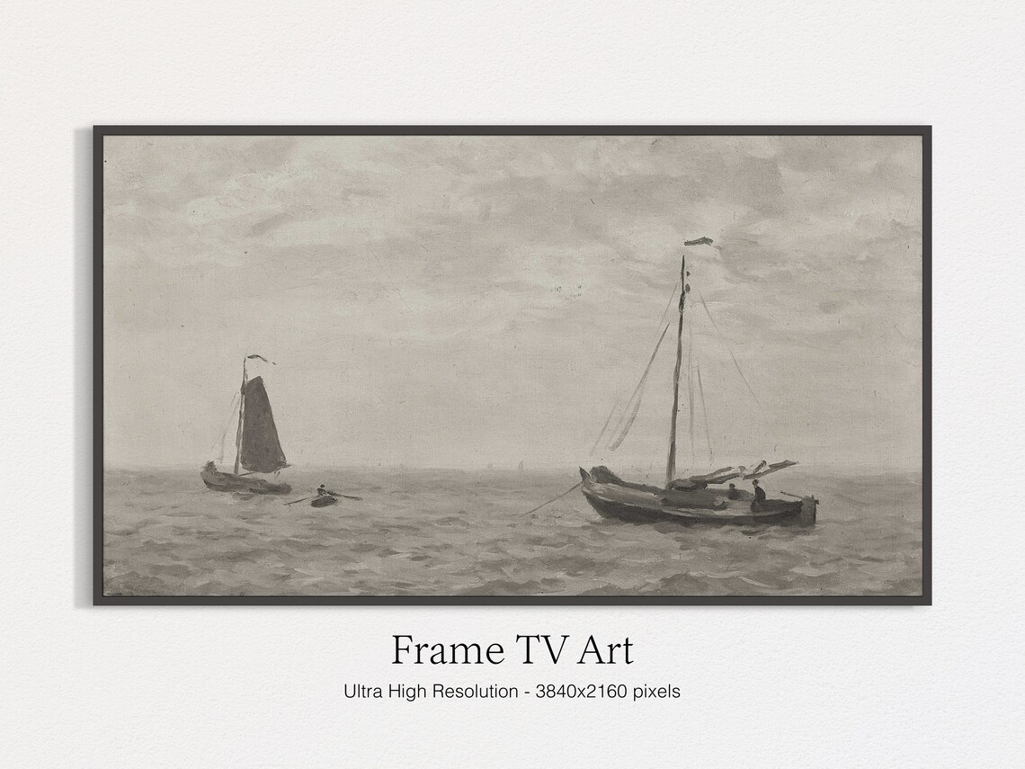 Moody Grey Seascape Sailboats On Calm Sea Vintage Marine Print