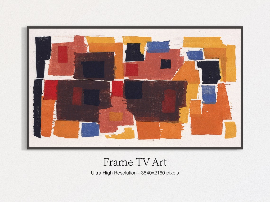 Geometric Blocks in Rust Orange and Blue Modern Abstract Art Print