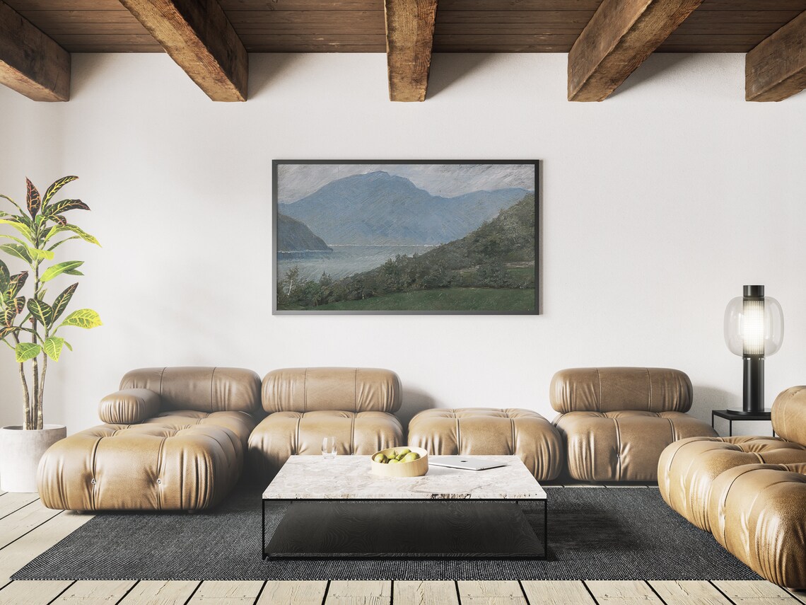 Misty Blue Mountain Lake Vintage Oil Painting Landscape Wall Art - Image 4