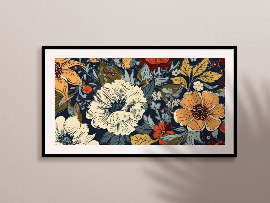 Bold Floral Pattern Orange Cream Flowers On Navy Background Art Print - Image 2